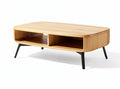 **Technische Titel in het Nederlands: Moderne houten salontafel met open opbergvak en metalen poten**