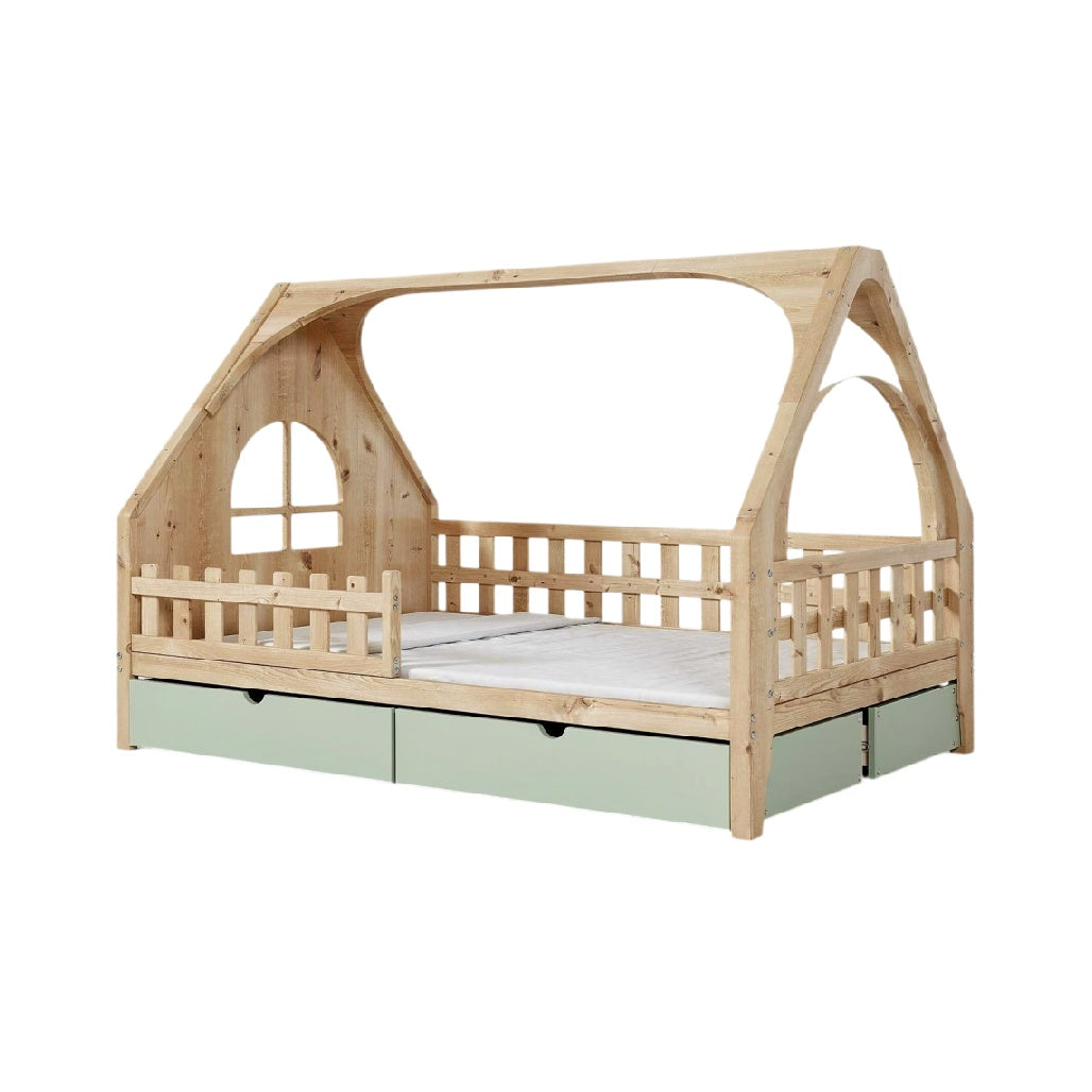Houten Kinderbed met Huisvorm en Opbergladen