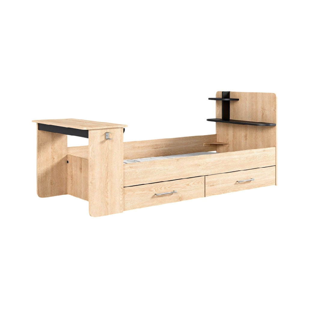 Modulair bed met opberglades en bureau in lichte houtafwerking
